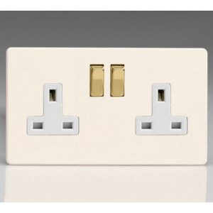 VARILIGHT PRIMED WHITE SCREWLESS 2G 13A SOCKET BRASS SWITCHES WHITE INSERTS