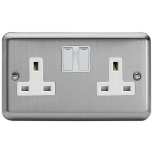 VARILIGHT BRUSHED CHROME 2G 13A SWITCHED SOCKET WHITE INSERTS