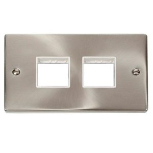 CLICK SATIN CHROME MINIGRID 4-MODULE 2+2 TWIN SWITCH PLATE (WHITE INS)