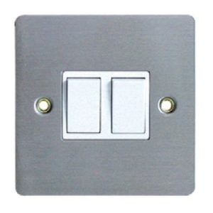 FLAT STAINLESS STEEL 2G 2W 6A LIGHT SWITCH (WHITE INS)