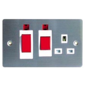 FLAT STAINLESS STEEL 45A COOKER SWITCH+13A SKT+NEON (WHITE INS)