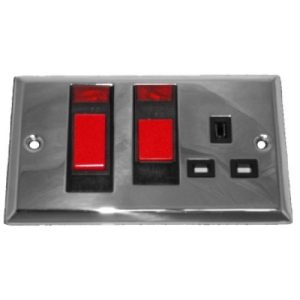 POLISHED CHROME 45A COOKER+13A SKT+NEON (BLACK INS)
